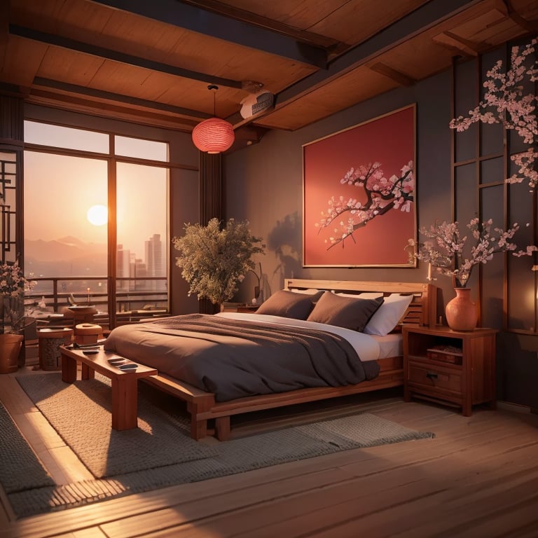 jianzhu, bedroom, warm lighting, wooden furniture, tatami mats, futon bed, shoji screen, cherry blossom painting, bonsai tree, potted plants, city view, high-rise buildings, sunset, light, shadow, contrast, composition, perspective, depth of field, focus, blur, bokeh, realism, photorealism, render, 3D<lora:jianzhu-000009:0.8>