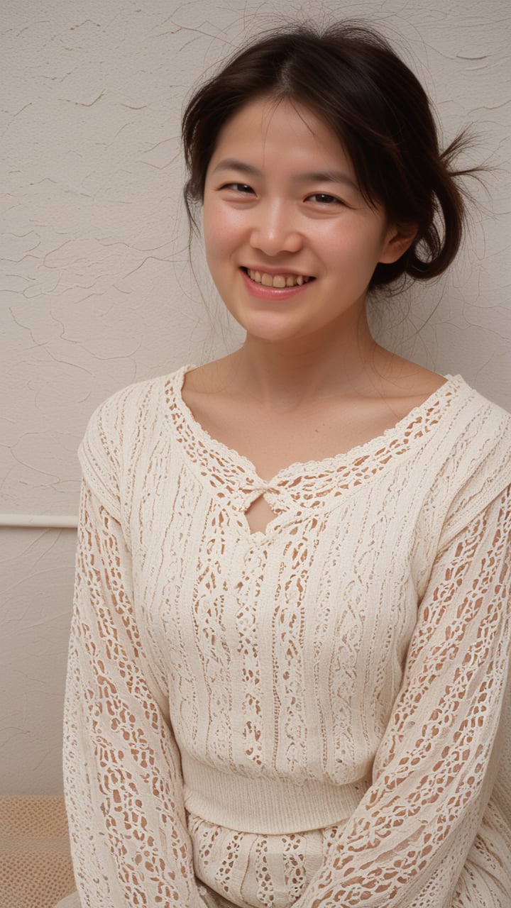 realistic photo of a Japanese woman,  "A woman with a dreamy expression savors a bite of a delicate pastry,  her eyes clos...