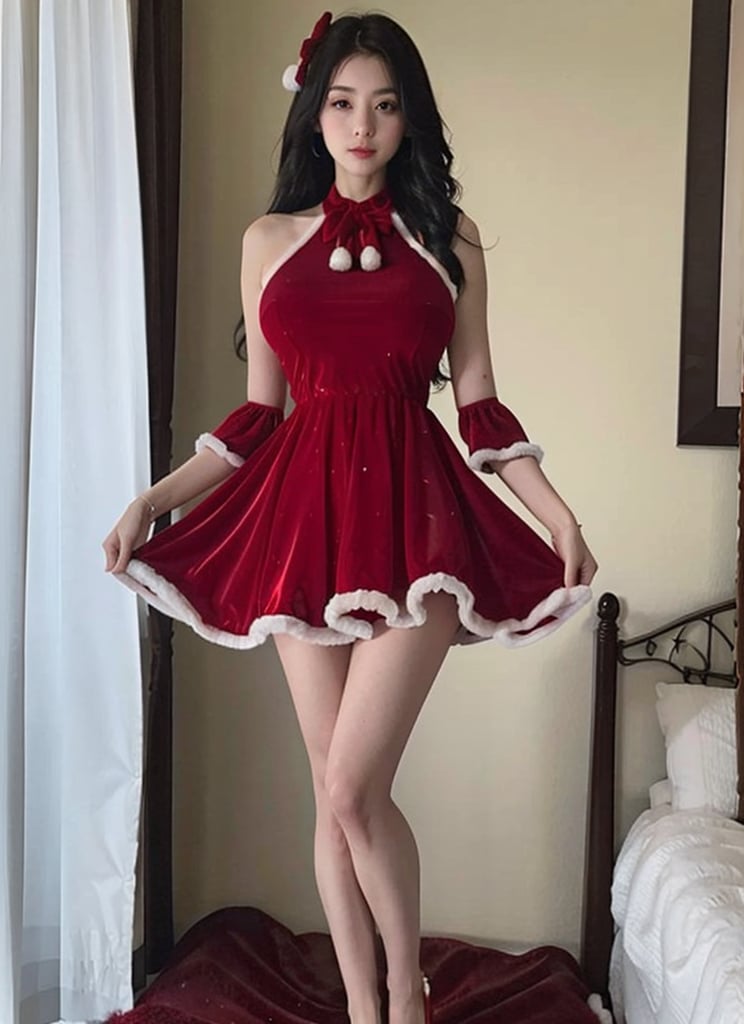 (masterpiece, best quality:1.4),finely detailed,1girl,solo,pale skin,perfect body,(gigantic breasts:1.2),standing,<lora:红色圣诞服战袍-000008:0.75>,dress,red dress,santa costume,fur trim,red bow,fur-trimmed dress,