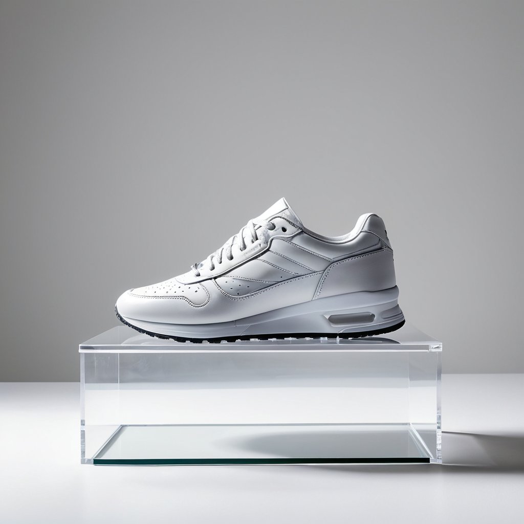 a sneaker elevated on a clear acrylic display riser against a soft neutral gradient,  clean bright studio light,  modern h...