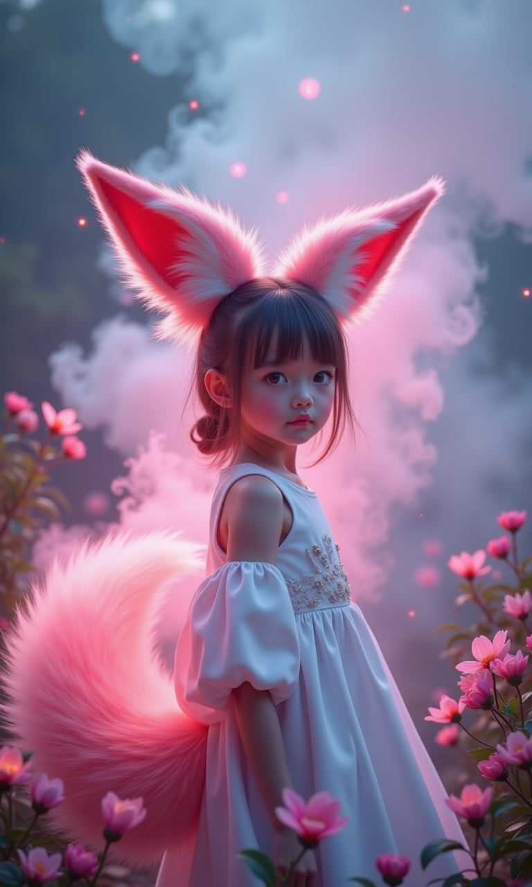 A beautiful photo,featuring a fox tail,fox ears,a cute little girl (real person) with 9 tails,a very cute face,and a white silk dress (half body view) in a beautiful garden,looking at the audience. White smoke,aurora background,perfect face,perfect hands,detailed symmetrical circular iris,love magic,beautiful sky realism,stunning realism photos,octane rendering,intricate details,movies,isometric,fantasy themes,mysterious,transformed art masterpieces,deep red eyes,color grading,light illustrations,ultimate quality,extremely detailed,ultra-fine face,ultra-high definition 8k. Pink Electric Light,Conceptual Art,Ultra Fine,Tri Color,Fantasy,Complex Details,Flash Screen,Complementary Colors Fantasy concept art,8K resolution,soft lighting,cinematography,cinematic graininess,surrealism,children's photography,