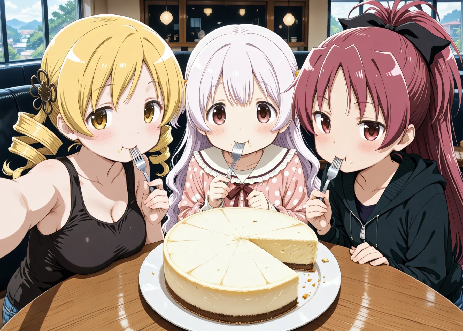 Three girls are eating a large,  half-eaten slice of cheesecake.On the left is a girl with yellow hair styled in tight cur...