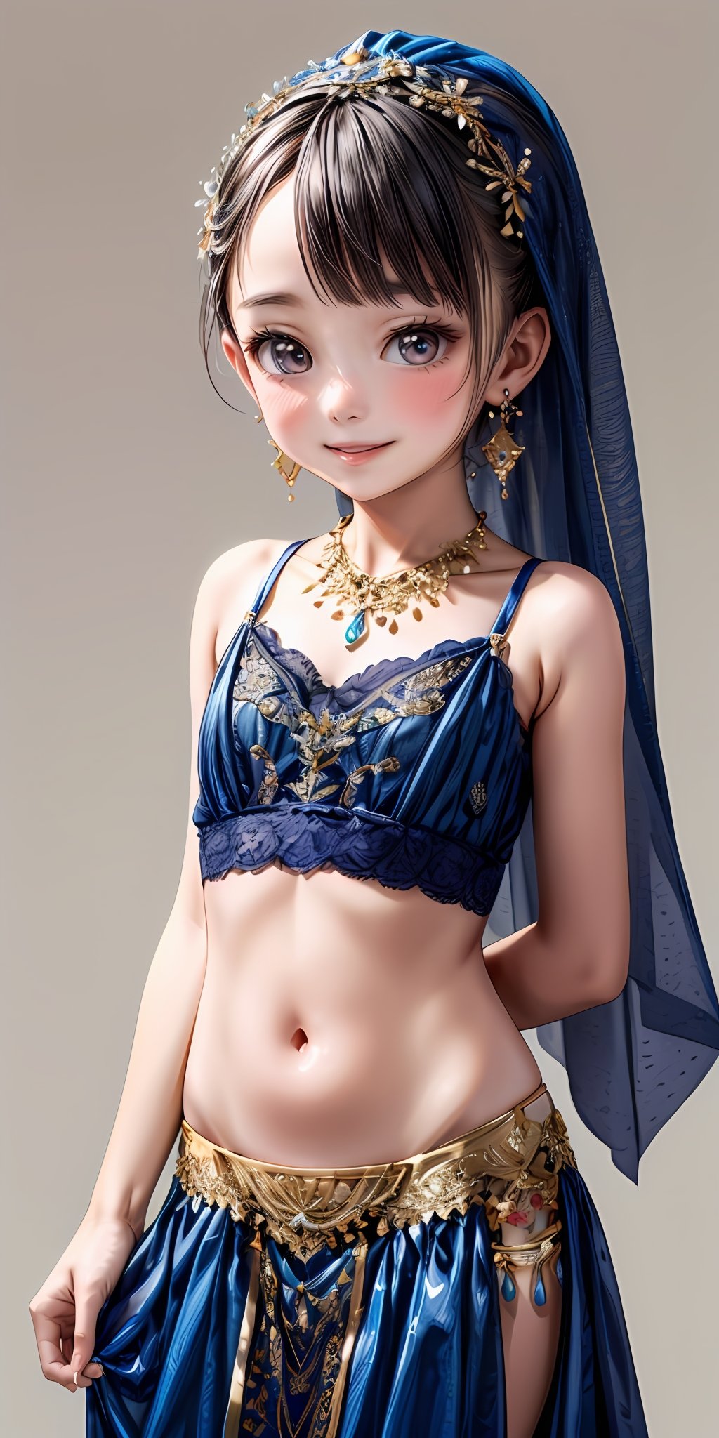 (masterpiece,ultra-detailed,best quality,8K,CG,illustration,shaved:1.0),(petite girl:1.2) <lora:more_details:1>, smile,simple background, <lora:belly dance clothes v1.0:0.5> jyojifuku, veil, midriff, necklace, earrings, see-through