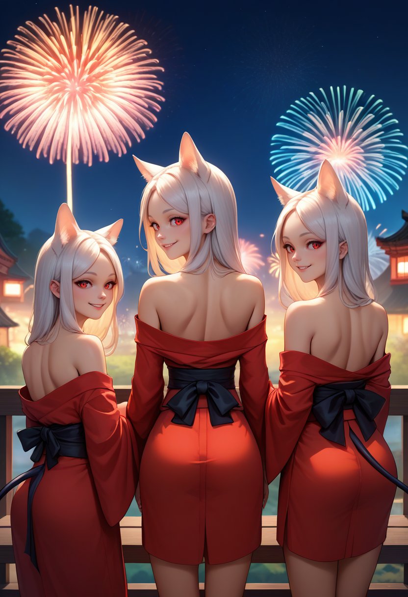 score_9, score_8_up, score_7_up, source_anime, from behind, 3girls, htcerberus, smile, looking back, animal ears, red kimono, off shoulder, black sash, demon tail, bare shoulders, fireworks <lora:helltaker_cerberus_ponyXL:1>