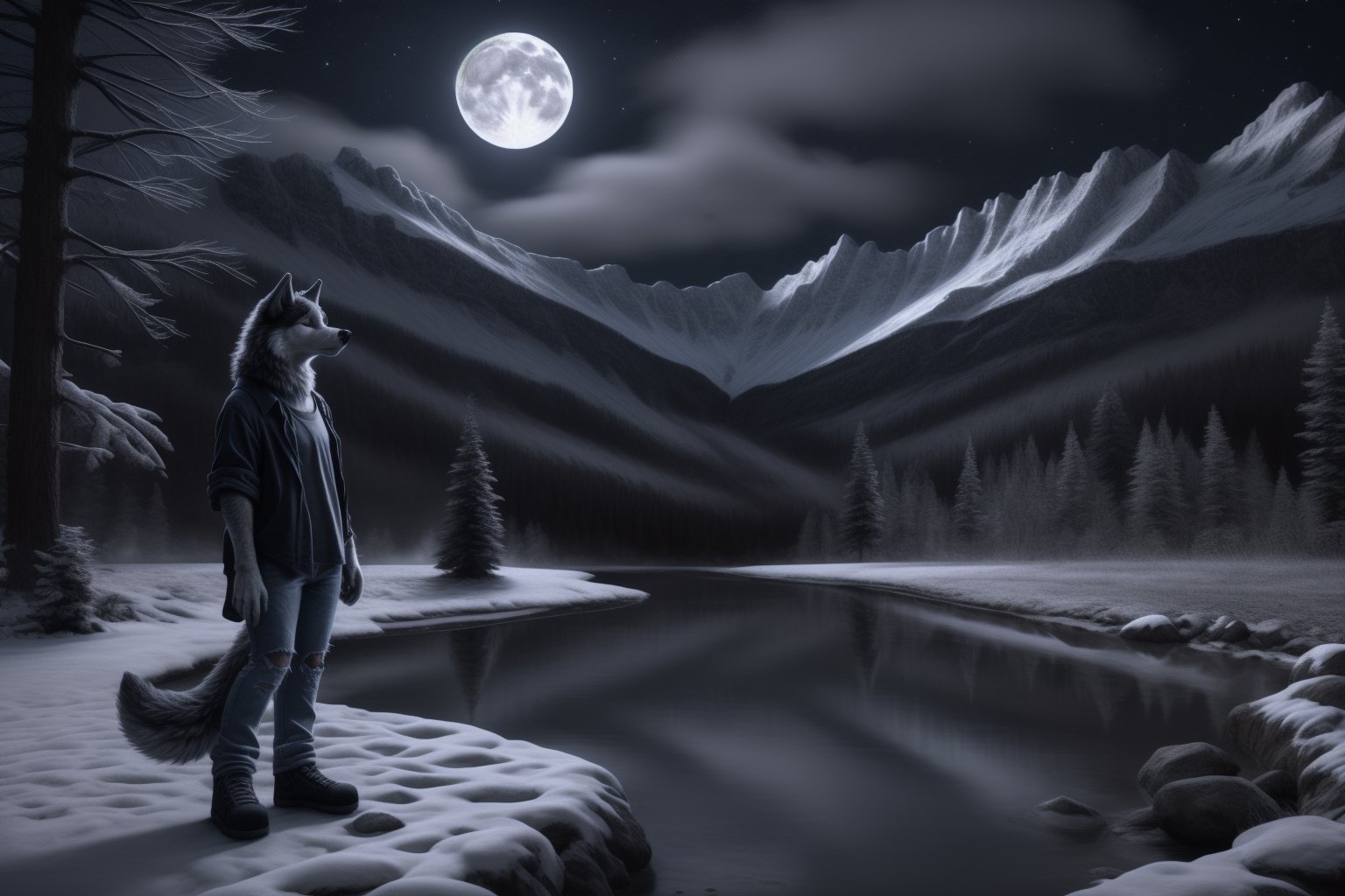 (1girl), (wolf), 90s grunge fashion, denim, flannel, plaid, chill, hanging out on a moonlit night in the Cascade_Mountains, realistic, wolf_tail