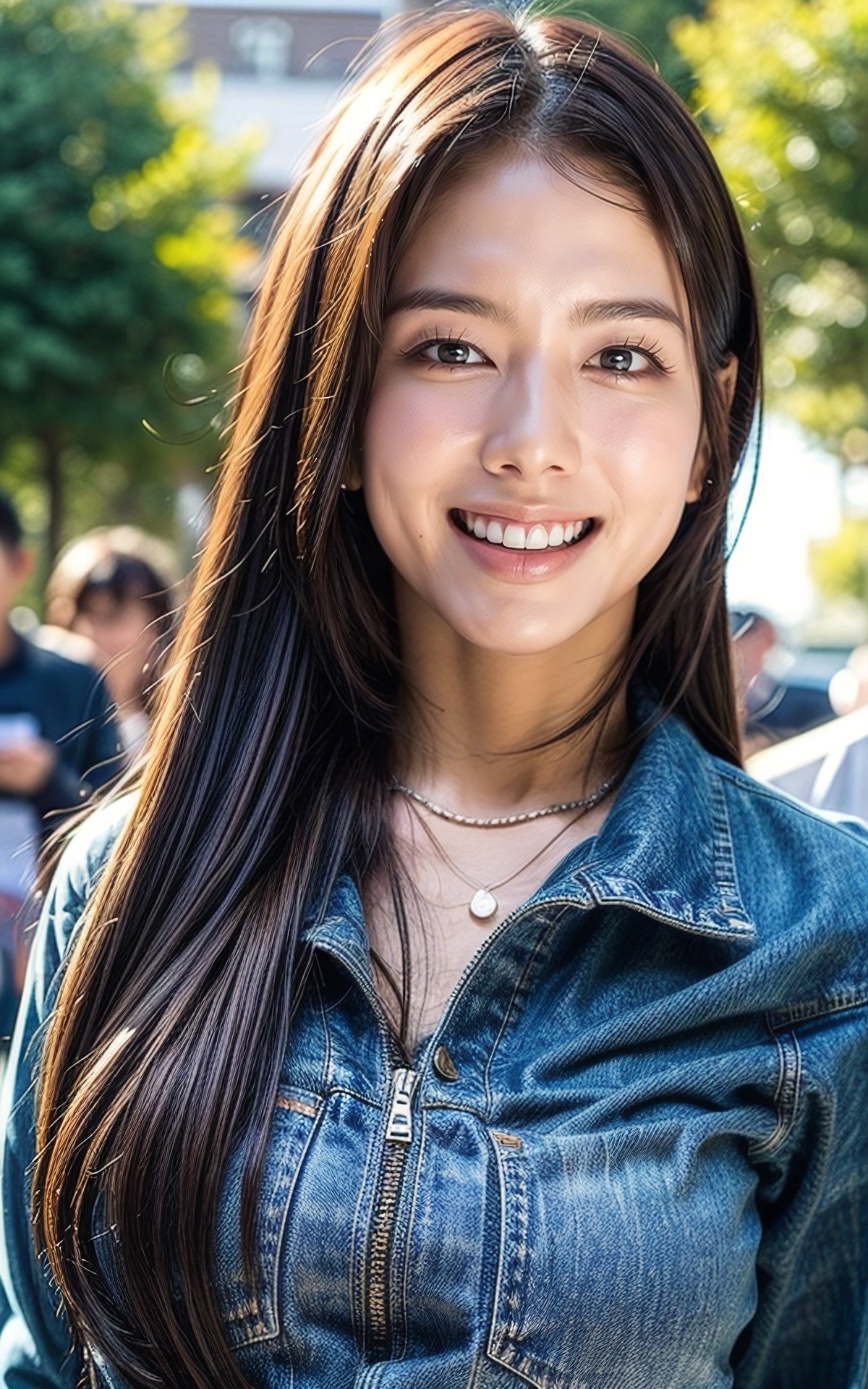 (smiling:1.2), (fullbody:1.2),  (realistic), (hyperrealism), (photorealistic:1.4), 1girl,  looking at the viewer, eye makeup, detailed eyes, detailed face, (upper body:1.2), detailed background, walking at the streets, sunset, (windy:1.2)  z1pp3rsw3at3r,, sleeves past wrists, zipper sweater, Denim jeans <lora:more_details:1>  <lora:zoom_slider_v1:2>  <lora:Roh_jeong_eui_V1:1> B_Roh_jeong_eui_V1 1girl