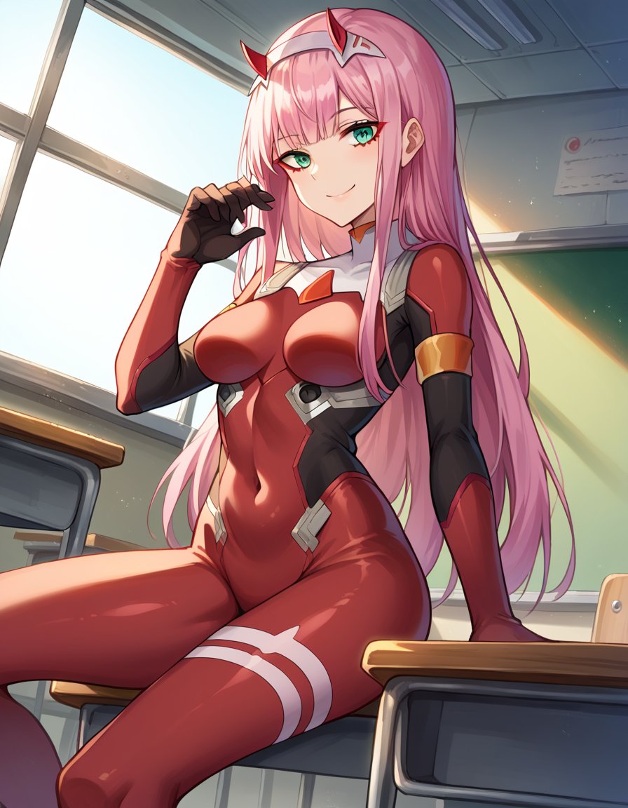 score_9, score_8_up, score_7_up, source_anime,zerotwo, <lora:zero-two-ponyxl-lora-nochekaiser:1>,zero two, green eyes, hairband, horns, long hair, pink hair, red horns, white hairband, smile,bodysuit, covered navel, pilot suit, red bodysuit, science fiction,indoors, classroom, sitting, desk, table,looking at viewer, cowboy shot, dutch angle,