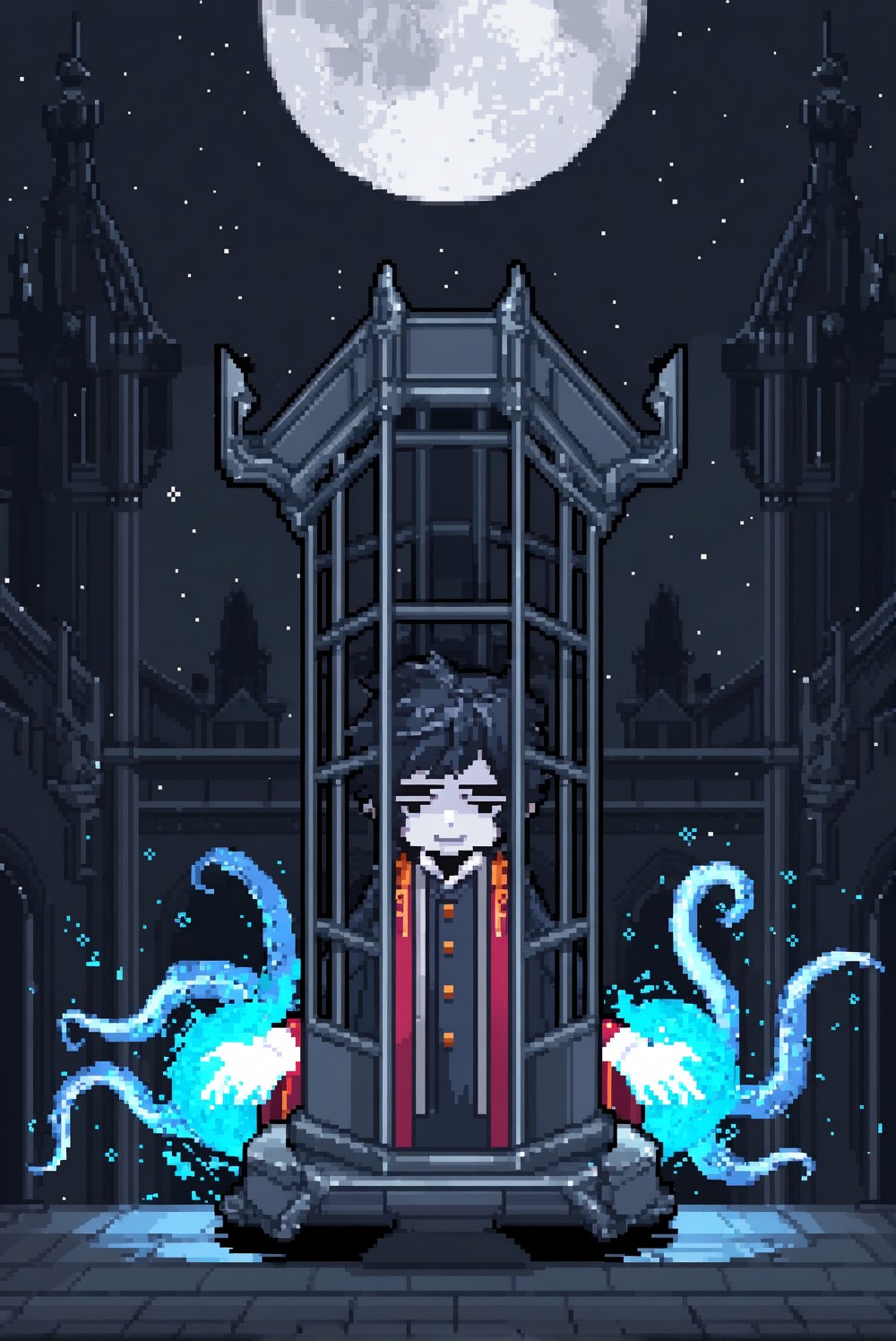 @mingtianjian. Micolash,  pixel art character sprite,  pale face visible through a tall iron cage with dark gray bars by D...