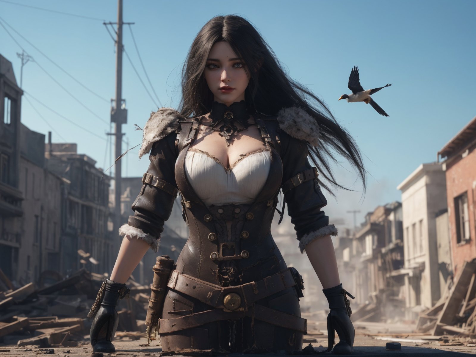 huge documents,high details,{masterpiece},{best quality},gear (series),[[steampunk]],black smoke,gear clock tower,[[smoke filled abandoned city]],{{1 girl}},white long hair,messy hair,hair fluttering in the wind,{an extremely delicate and beautiful girl},gear boots,brown gloves,{ragged clothes},medium chest circumference,{crows},beautiful detail eyes,mechanical prosthesis,{{Gothic dress - (black)}},{{many black feathers}},many sporadic black feathers,{{{gear mechanism}}},{{{upper body}}},doll,reality_ray_tracing,light leaks,wide shot,3D graphics,fantasyArt,