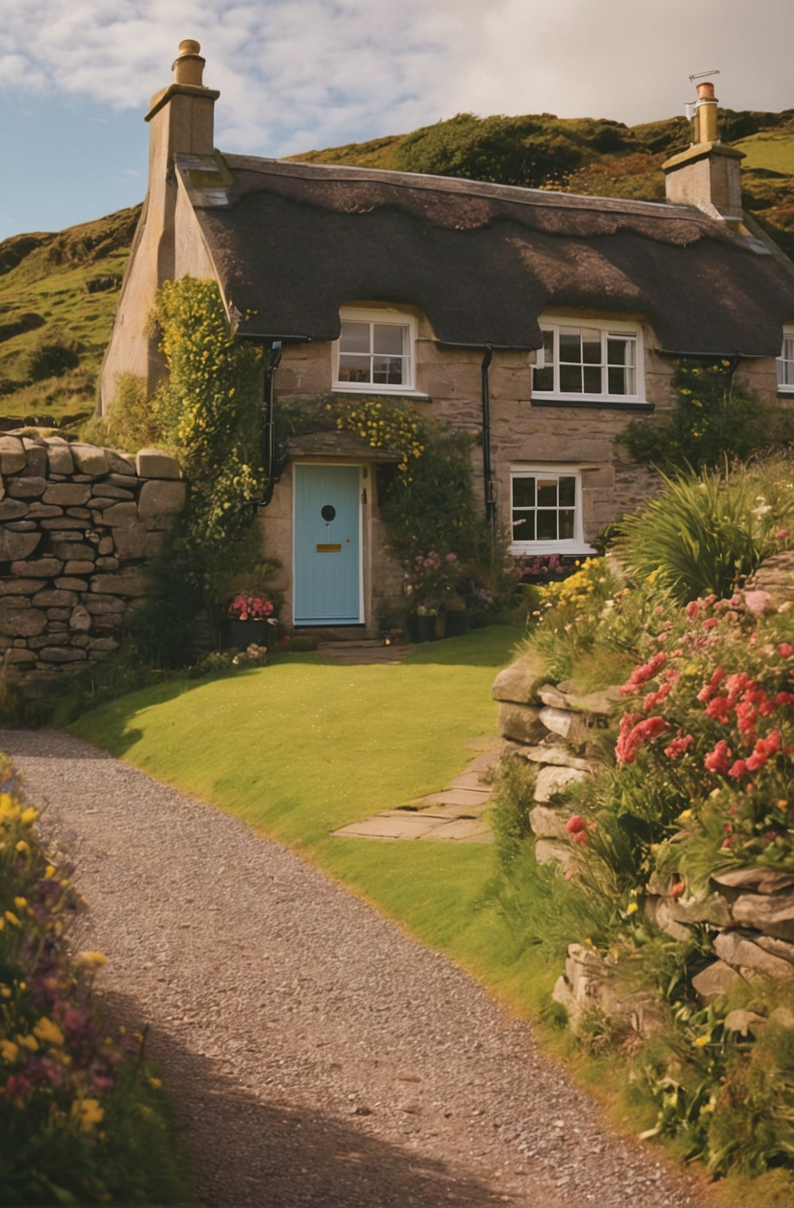 a beautiful cottage, scotland coastal village, (sharp focus:1.2), extremely detailed, (photorealistic:1.4), (RAW image, 8k high resolution:1.2), RAW candid cinema, 16mm, color graded Portra 400 film, ultra realistic, cinematic film still, subsurface scattering, ray tracing, (volumetric lighting) 