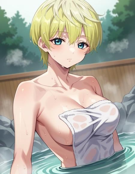 score_9, score_8_up, score_7_up, source_anime,tenkaizumo, <lora:tenka-izumo-s1-ponyxl-lora-nochekaiser:1>tenka izumo, short hair, blue eyes, blonde hair,nude, naked, outdoors, onsen, towel, naked towel, steam, bathing, nude cover, partially submerged, water, bath, steam censor, wet towel,looking at viewer, cowboy shot, dutch angle, solo,