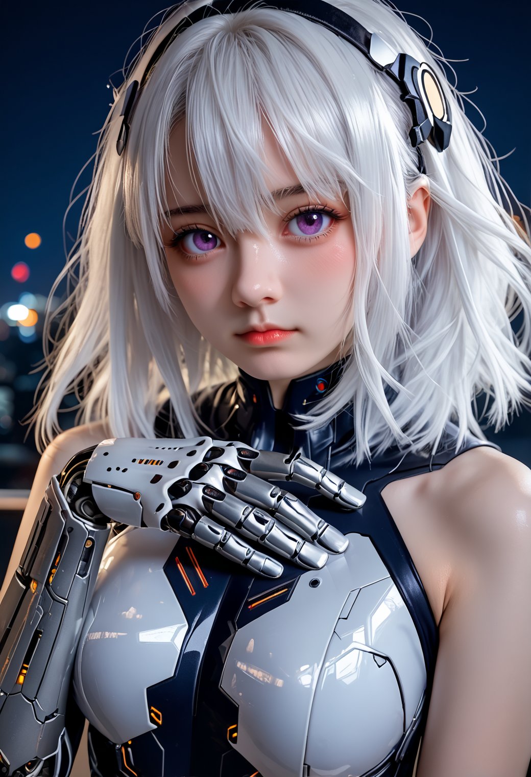 1girl,solo,looking at viewer,medium hair,bangs,hairband,purple eyes,hair ornament,hair between eyes,white hair,fluffy hair,large_breasts,blush shy,shiny_skin,very detailed clothes,very realistic textures,very detailed textures,longeyelashes,brown eye shadow,night,dim light,cyberpunk,mechanical arm,sci-fi style clothes,hair_tucking,metal material,realistic metallic texture,hands,raise your hand,