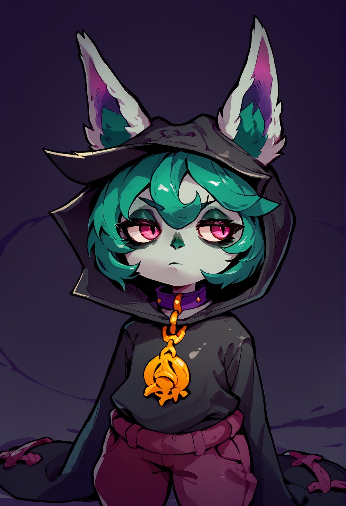 (score_9), score_8_up, score_7_up, zPDXL, VexLoLXL, yordle, shortstack, pink eyes, green hair, bangs, short hair, grey skin, colored skin, black hood, hood up, ears through headwear, white animal ears, black shirt, purple collar, golden ornament, long sleeves, sleeves past wrists, purple pants, sandals, <lora:VexLoLXL:1>, dark background, purple background, expressionless, looking away, bored, upper body, rimukoro, <lora:Rimukoro_Style_XL_Pony-11:1>