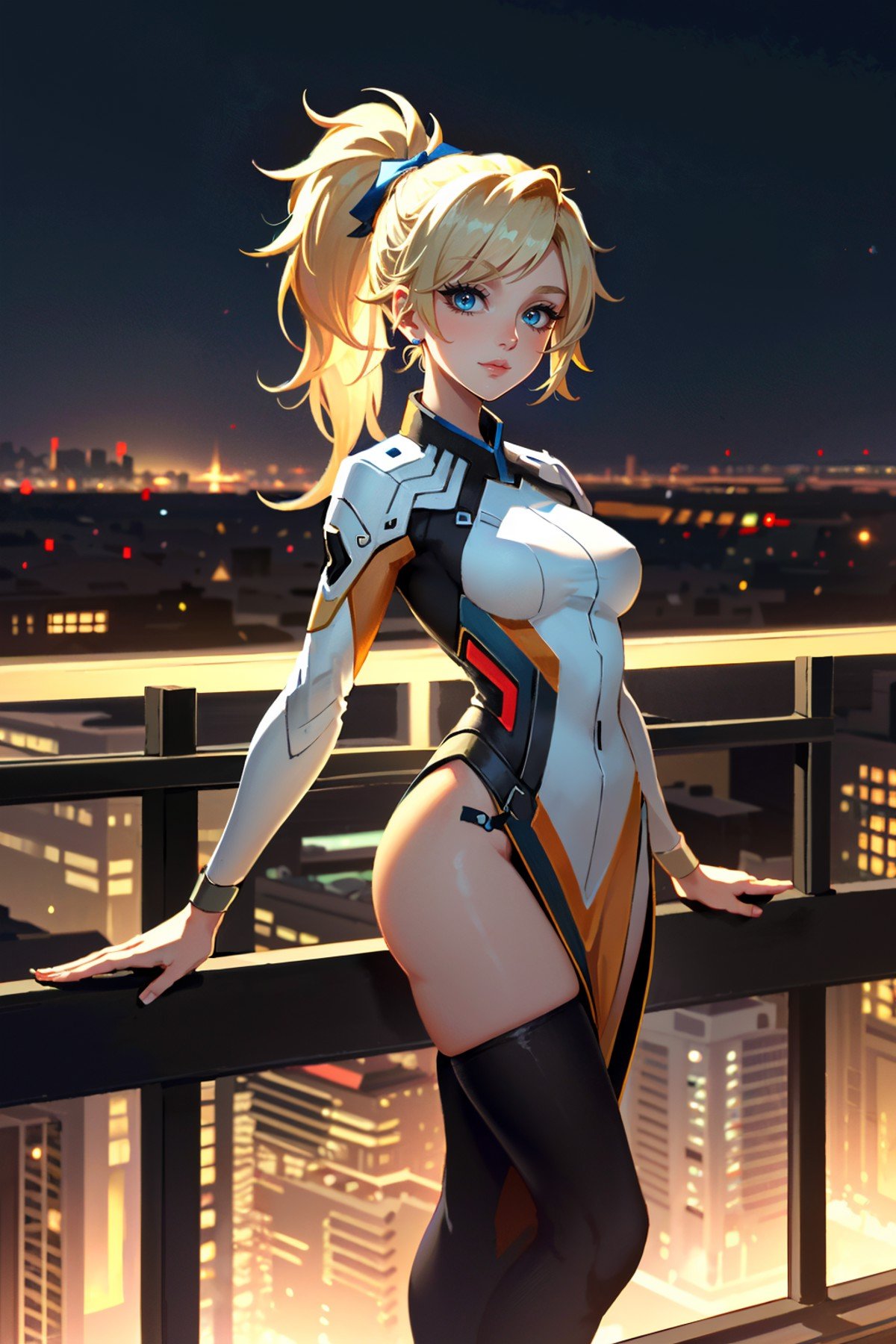 ((ultra detailed, masterpiece, absurdres))<lora:OMercy:0.8>OMercy, 1girl, blonde hair, ponytail, looking at viewer, overlooking the city from a rooftop bar at night, chic outfit, standing