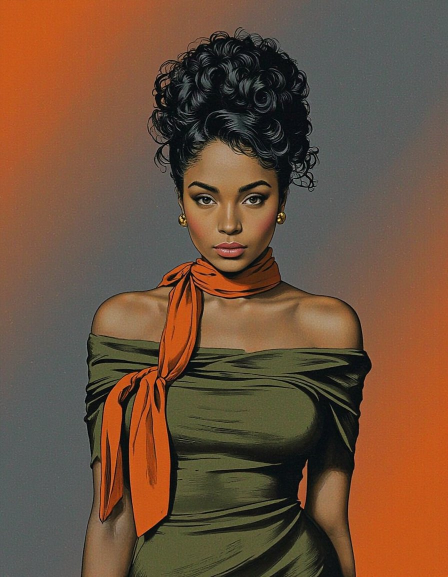 RobGin style. A portrait of a woman with an afro hairstyle,  wearing an off-the-shoulder olive green dress with an orange...