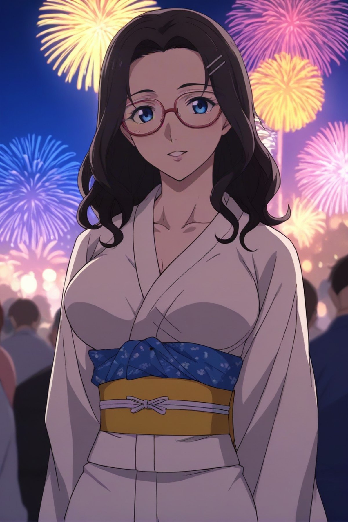 best quality,masterpiece,looking at viewer,absurdres,1girl,score_9,score_8_up,score_7_up,source_anime BREAK Kimono, fireworks, hairpins,aerial fireworks,festival,japanese clothes,summer festival,,<lora:019-天上天下-葛葉真鱼XLV1:0.8>,kuzunoha mana,black hair,glasses,long hair,blue eyes,breasts,