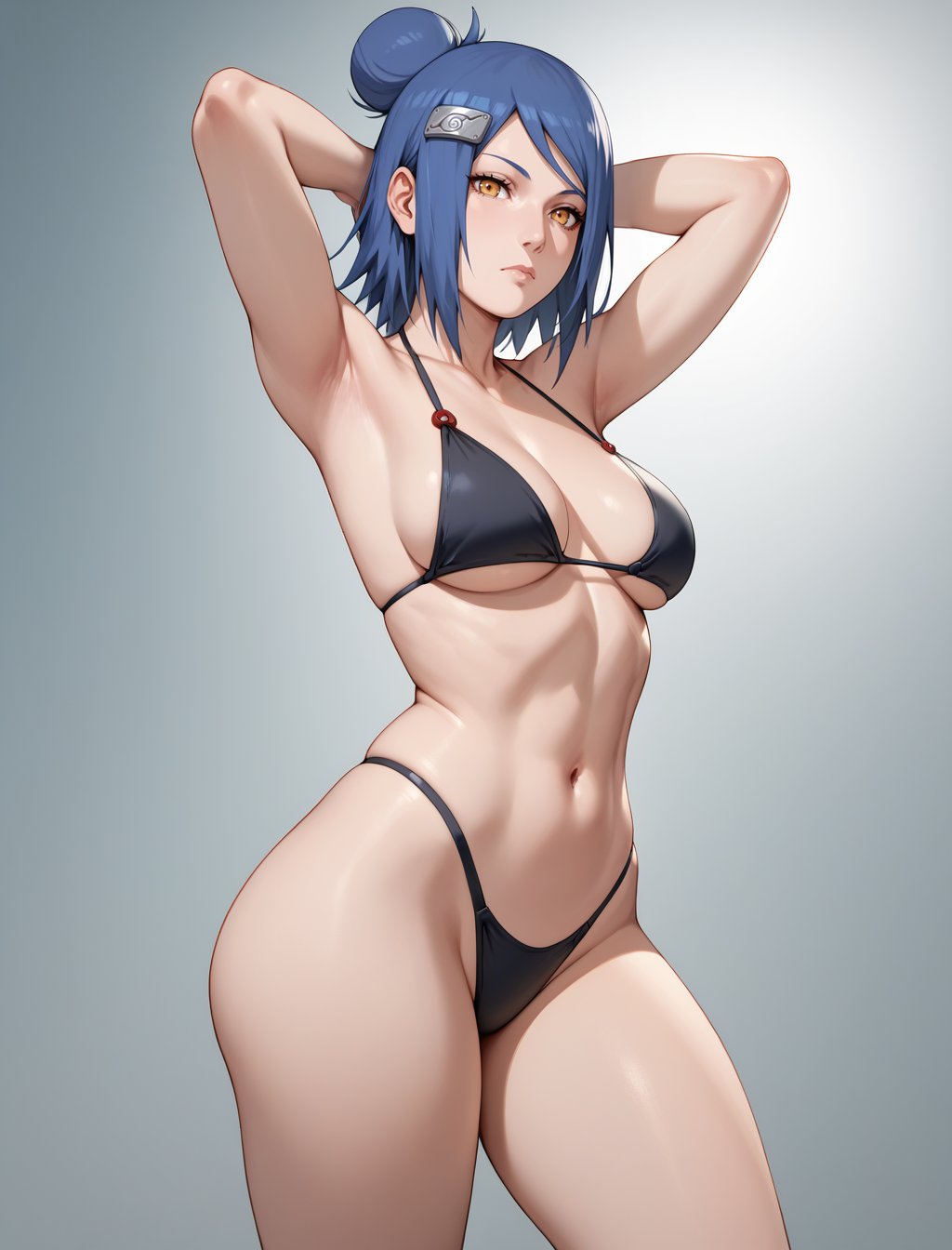 score_9, score_8_up, score_7_up, score_6_up, rating_safe, Konan/Naruto, 1girl, solo, hot girl, sexy girl, blue hair, hair ornament, hair bun, single hair bun, amber eyes, expressionless, big boobs, nice thighs, nice ass, looking at viewer, standing, black bikini, arms behind head<lora:EMS-381501-EMS:0.800000>