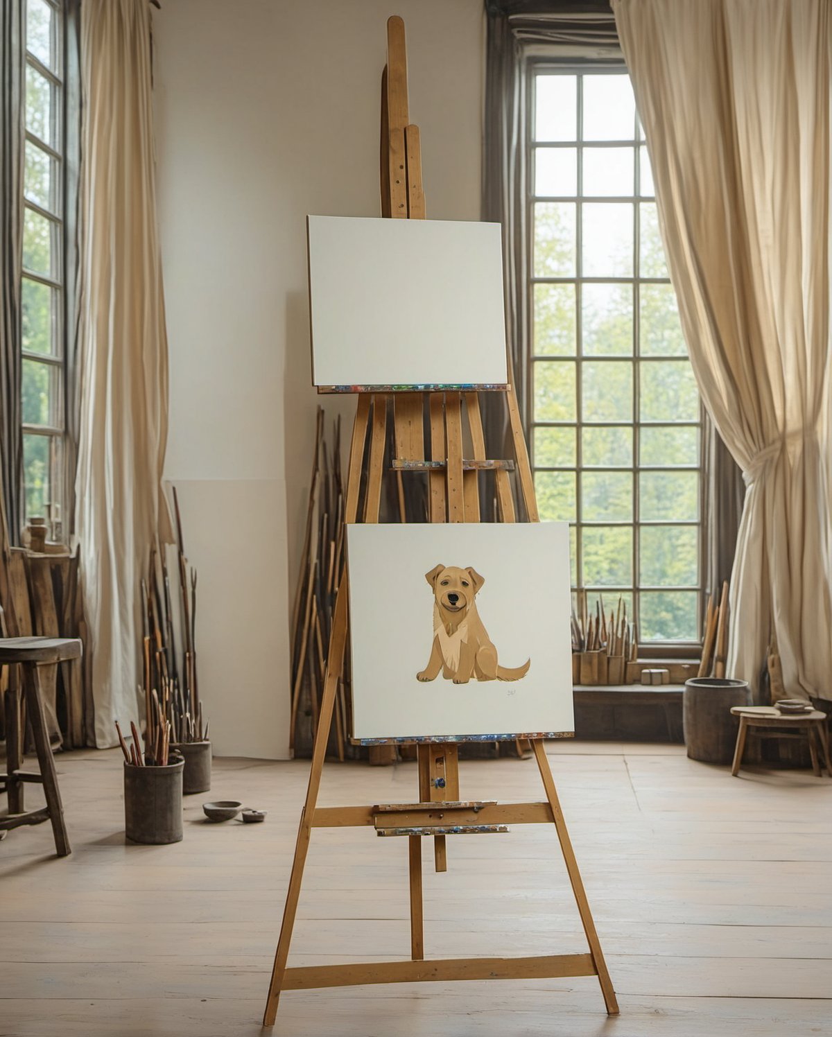 <lora:KWAST_LR1:0.2>Generate a photorealistic image of a painting on an easel . The painting features( Kwast dog paint:1.3)  in a minimalist, brushstroke style, capturing the dog in a seated pose. (The dog should have neutral( beige and light brown tones:1.1), (with beige fur (RGB 227, 207, 182), light brown accents (RGB 201, 164, 119), and pale beige highlights (RGB 226, 206, 181):1.2):1.4). The dog is the main focus of the artwork, with soft lighting emphasizing the canvas. The studio should still be visible in the background, with wooden floors, large windows, scattered art supplies, and warm natural light pouring in, but the attention remains on the dog painting<lora:KWAST_LR1-000003:0.5> <lora:KWAST_LR1-000002:0.3>