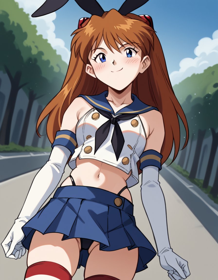 score_9, score_8_up, score_7_up, source_anime, asukalangleysoryu, <lora:asuka-langley-soryuu-classic-ponyxl-lora-nochekaiser:1>, asuka langley soryu, long hair, bangs, blue eyes, brown hair, hair ornament,, <lora:shimakaze-cosplay-ponyxl-lora-nochekaiser:1>, shimakazecosplay, shimakaze \(cosplay\), highleg panties, black neckerchief, microskirt, striped thighhighs, highleg, black panties, elbow gloves, thong, blue sailor collar, white  gloves, crop top, sailor collar, blue skirt, black hairband, bunny ears,, outdoors, streets, smile, blush,, cowboy shot, dutch angle, solo,