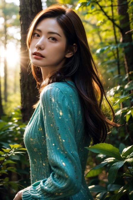 (realistic), (hyperrealism),best quality, masterpiece,ultra high res, (photorealistic:1.4),1girl, green hippies dress, forest, flowers, dynamic pose, sun light,cowboy shot,<lora:makina69_nana_v1.0:1> ,<lora:add_detail:0.6>