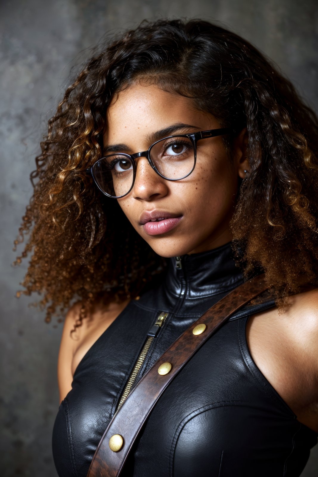 photo RAW,Short light skinned black female, long curly with no frizz brown hair, glasses, freckles, brown eyes, no imperfections, exceptional shallow depth-of-field capabilities, atmospheric blur,vivid colors,, high quality textures of materials, volumetric textures, coating textures, metal textures, dusty atmospheric haze