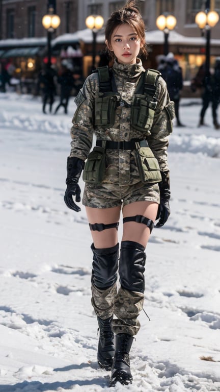 photorealistic, beautiful, moody lighting, best quality, realistic, full body portrait, real picture, intricate details, depth of field, 1girl, in a cold snowstorm, A very muscular solider girl with haircut, wearing winter camo military fatigues, camo plate carrier rig, combat gloves, magazin pouches, kneepads, highly-detailed, perfect face, blue eyes, lips, wide hips, small waist, tall, make up, tacticool, Fujifilm XT3, outdoors, bright day, Beautiful lighting, RAW photo, 8k uhd, film grain , full body, realistic,