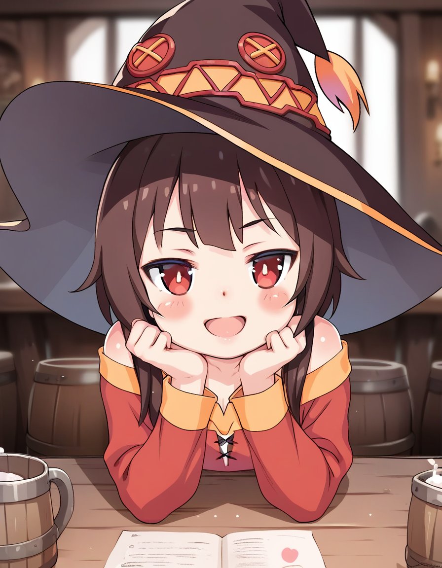 score_9, score_8_up, score_7_up,score_6_up,score_5_up,score_4_up,  1girl,  upper body, smug, sitting on table, witch hat, looking away, (megumin,:0.8), long sleeves, red dress, tavern, open mouth, blush stickers, half-closed eyes,  <lora:samneco_style_pony6_v2-000034:1>   