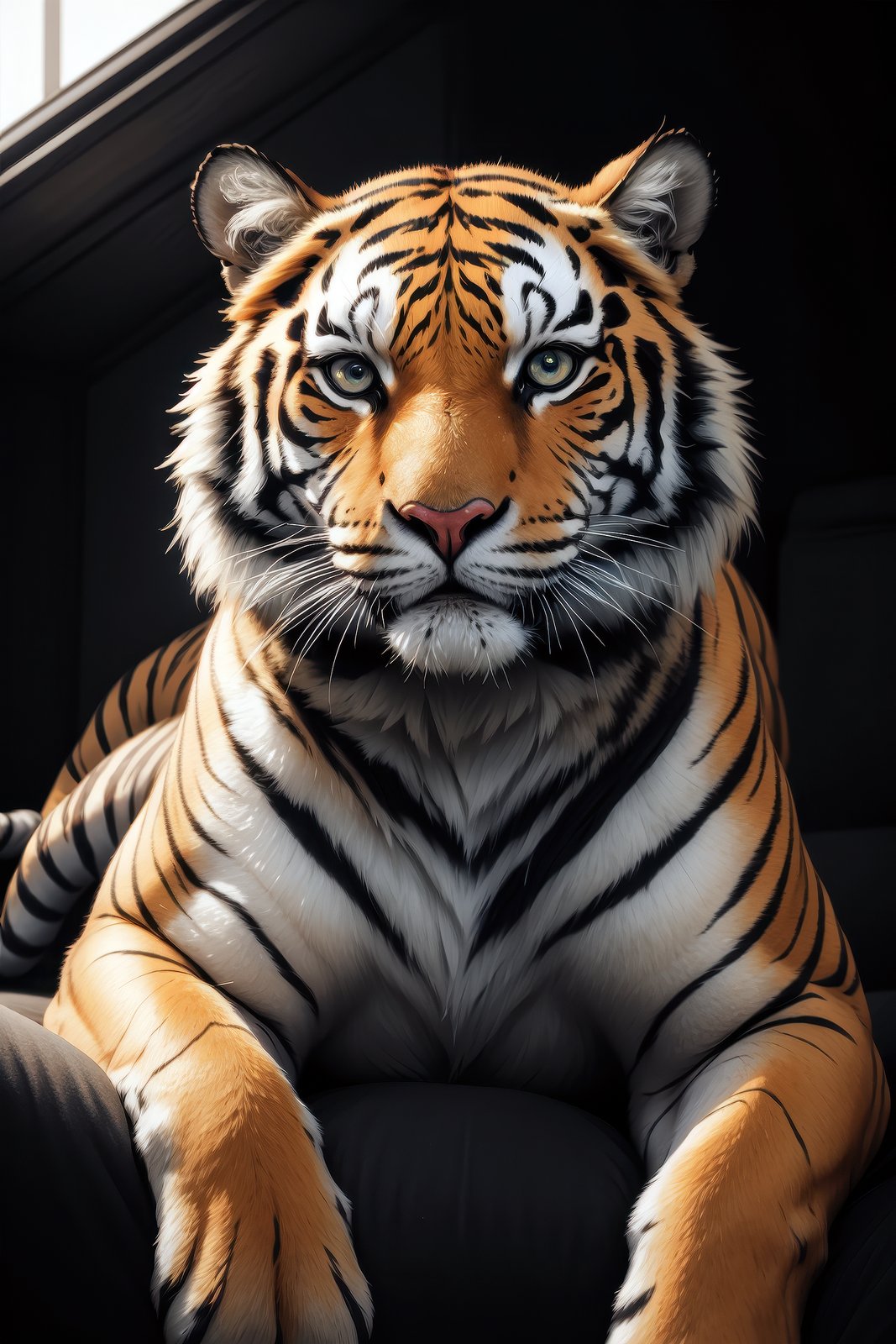 masterpiece, (best quality:1.2), hdr, detailed face and eyes, intricately detailed, magnificent, maximum details, extremely hyper aesthetictiger, look at viewer, sitting with head up, majesty, medium shot, ultra-detailed eyes, intricate details, detailed texture, light source contrast, dramatic shadows, Cinematic Light, Depth of field, film grain, noise, dark background