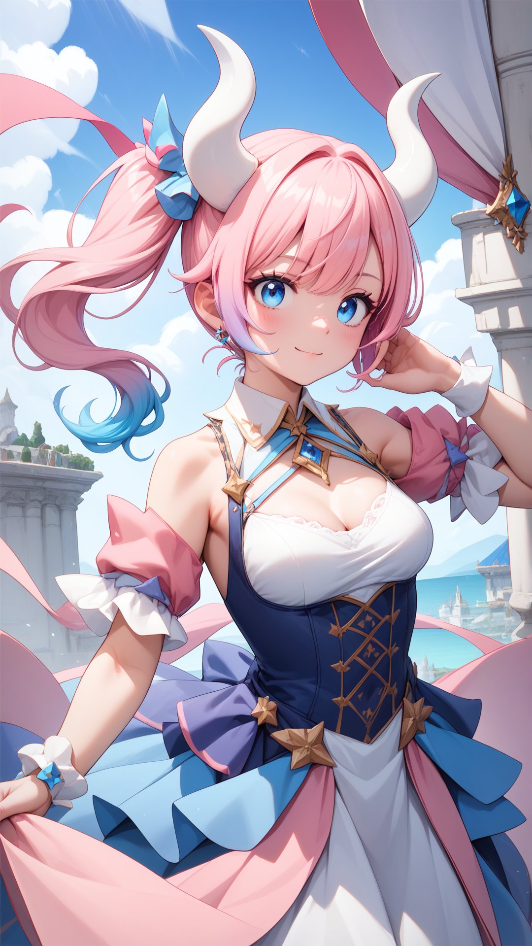 Score_9, score_8_up, score_7_up, masterpiece, best quality, 1girl, (Pink hair:1.0), blue eyes, Gradient hair, White horns, Side ponytail, <lora:yuta-chernobaeva-pxl:0.7>, yuta-chernobaeva-pxl, (Medium breasts:1.0)