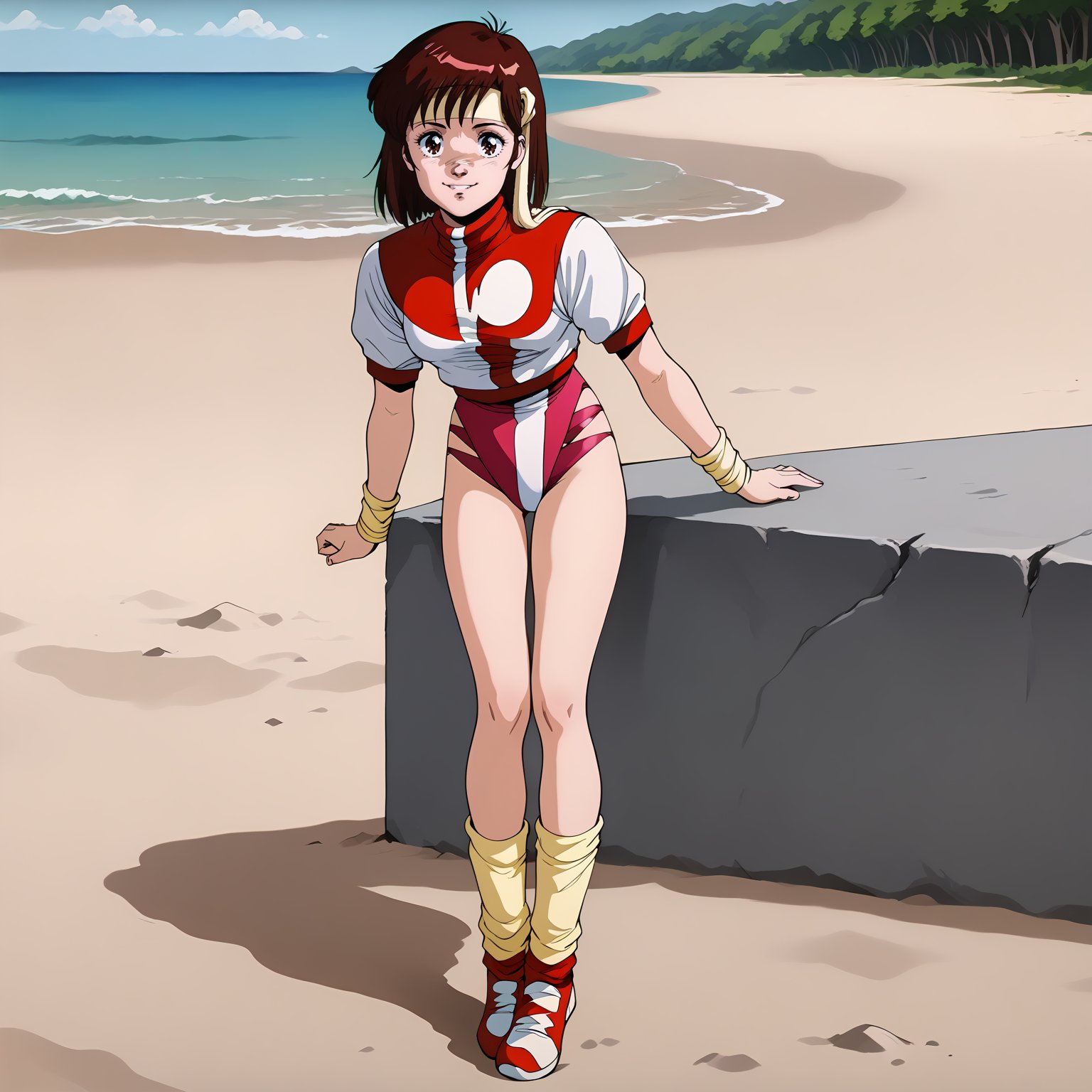 <lora:norikotakayaXLpony002>,smile,looking at viewer,solo,norikotakaya,1girl,brown hair,medium hair,brown eyes,headband,short sleeves,leotard under clothes,wristband,leg warmers,shoes,outdoors,sandy beach,full body,standing,leaning_forward,