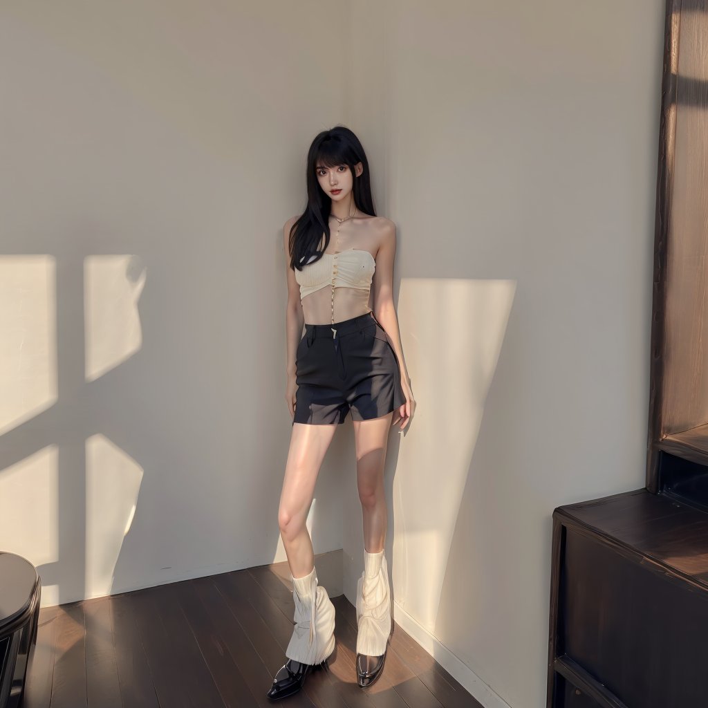 1girl,shiny_skin,black hair,bare shoulders,chest,standing,sunlight,<lora:kuku（0.86）:0.8>,