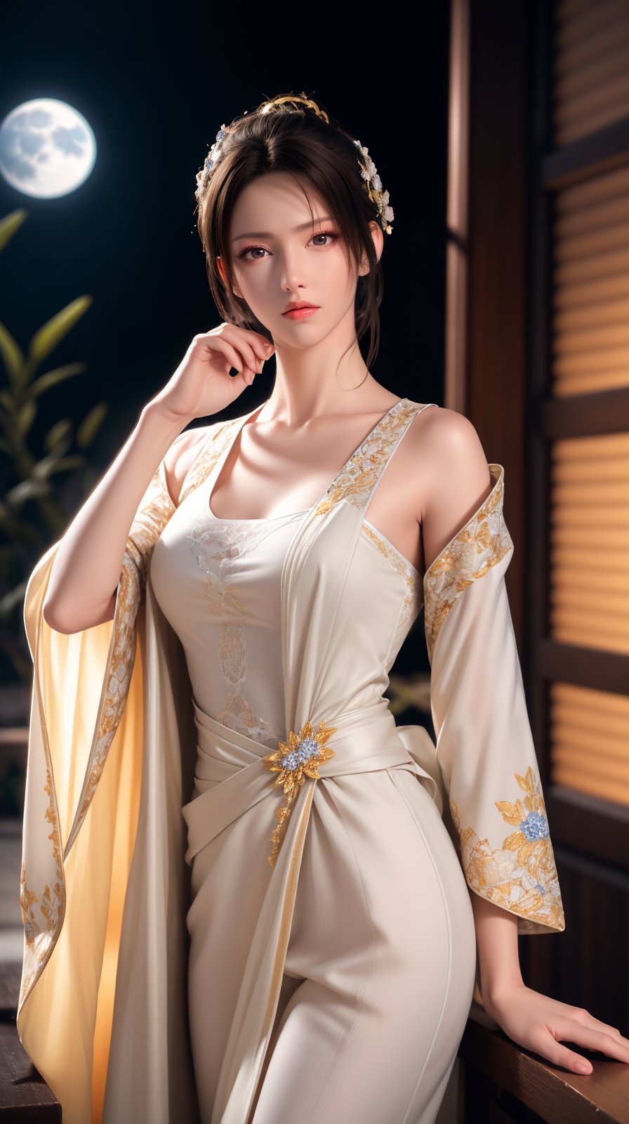 8k,4k,ultrares,highres,(masterpiece, top quality, best quality),extreme detailed,colorful:1.4,highest detailed,ultra-detailed,(highly detailed CG illustration),ultra-fine painting,(Vivid Colors:1.1):1.4,  <lora:水晶质感_CrystalD_v2.0:0.4> <lora:NM_offset:0.6><lora:NM_color_x:0.5> <lora:NM-FC_shou_0p0:0>1girl, solo, looking at viewer (moonlit night)，silk robe.cowboy shot, <lora:SD1.5泛光调节_v1.0:0> <lora:NM_FC_NM_nnyr_fanhua_2p2_NM_nnyr_pei_2p1_2:0.8>