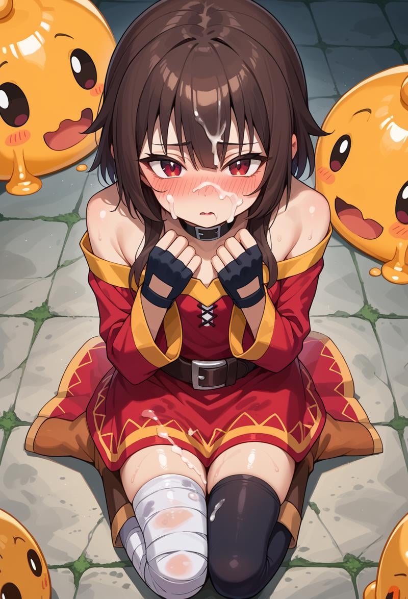 score_9, score_7_up, source_anime, BREAK <lora:AEMegumin-000009:1> AEMegumindef, red eyes, Brown hair,  Belt choker, red dress, off-shoulder dress, Black gloves, fingerless gloves, Belt, mismatched legwear, asymmetrical legwear, bandaged leg, black thighhighs, knee boots, full-face blush, suggestive fluid, white slime \(substance\), hands up, wet clothes, slime_on_face, facial, bukkake, 