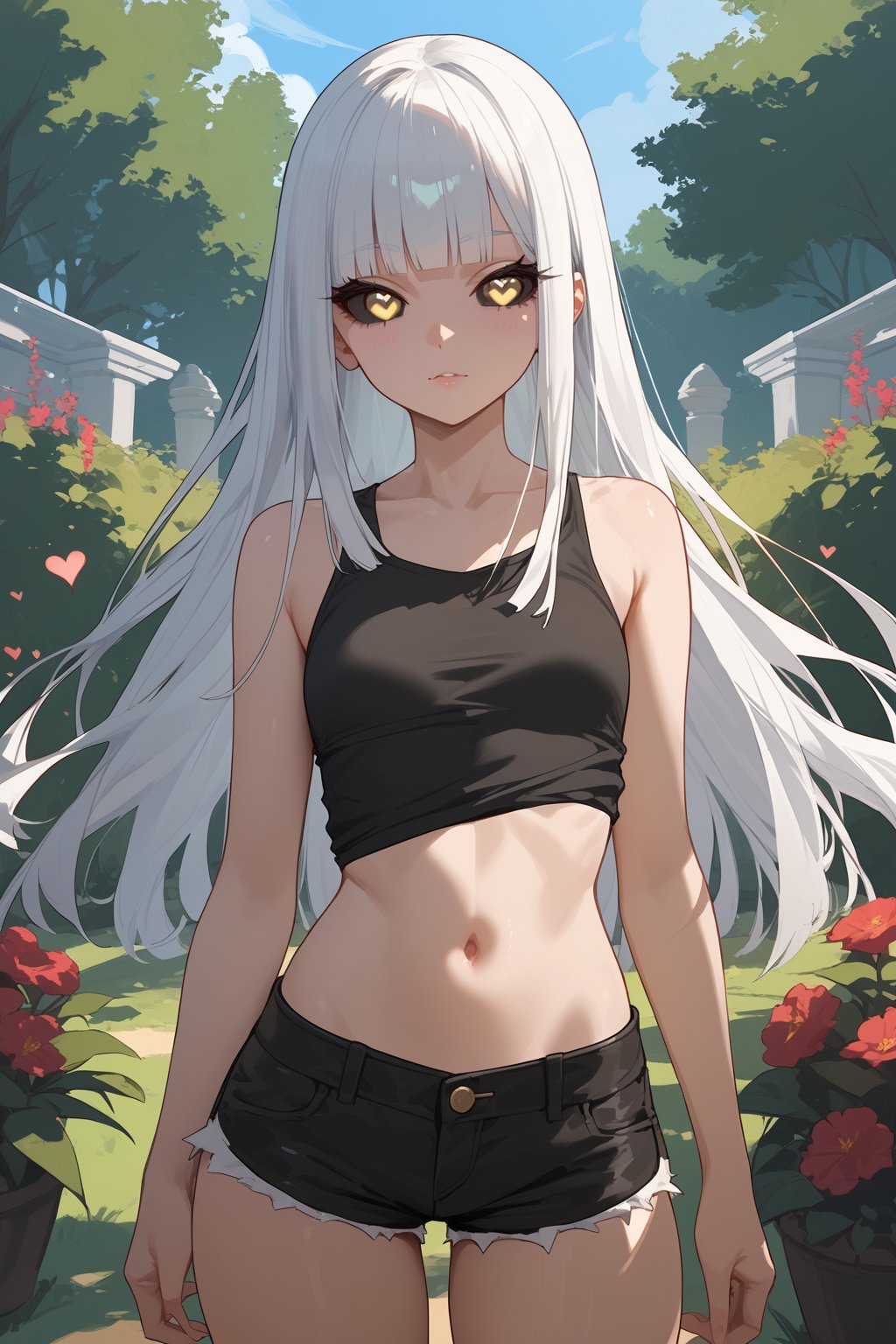 score_9, score_8_up, score_7_up, 1girl, white hair, long hair, blunt bangs, yellow eyes, black sclera, heart pupils, small breast, black tank top, micro shorts, outdoors, garden