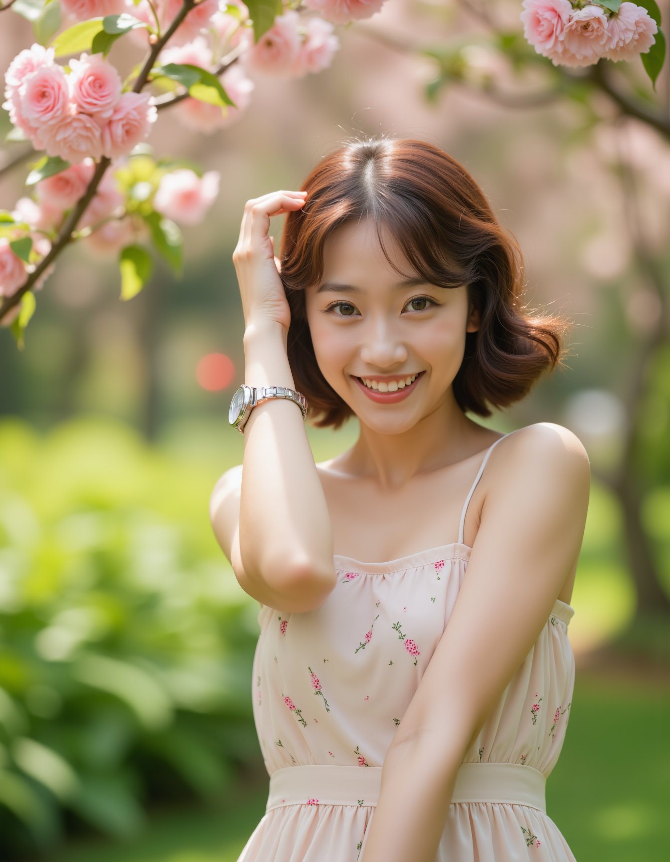 A high-quality photograph of a young woman standing in a vibrant garden, smiling brightly. She has short, wavy brown hair that catches the light, and she is wearing a light-colored, flowing dress with a subtle floral pattern. Her right hand is gently lifted to touch her hair, revealing a delicate wristwatch that adds a touch of elegance to her look. The soft lighting enhances the dreamy quality of the scene, while the sharp focus on the woman emphasizes her joyful expression and graceful pose. The overall mood is one of relaxation and happiness, with the vibrant garden and her radiant smile perfectly capturing the essence of a peaceful, carefree moment. The backdrop is filled with lush greenery and vibrant cherry bloom flowers that frame the scene beautifully, creating a romantic and serene atmosphere, <lora:hinaFluxAsianMixLora_v2-rev4:0.8>