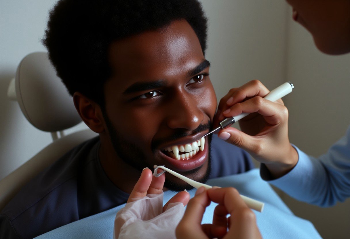 Vampyfangs1. a film still photo. 35mm. 4k. From a 2003 movie. a black Jamaican vampire and is showing off his fangs, he is getting his teeth checked at the dentist.