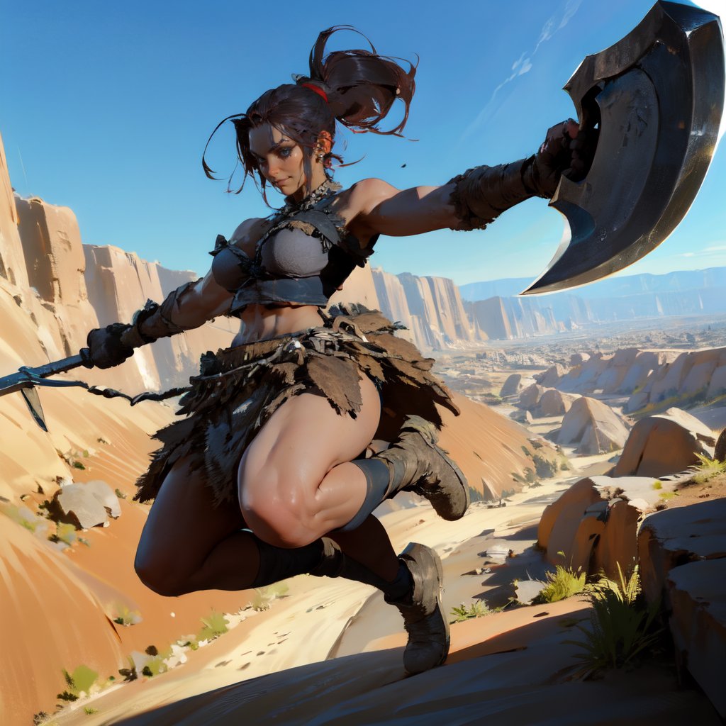 (((full body, dynamic pose, jumping, holding axe on hilt, cliff, osasis, desert, sunny)))<lora:D4FemBarbLoRA:0.8> fembarbarian, ponytail, tattoos, skirt, chains, top, shoes,beautiful eyes, beautiful girl, high detail skin, high detail eyes, high detail hair, highres, ultra detailed, sharpen picture, Highly detailed, masterpiece, best quality, photorealistic, big smile,