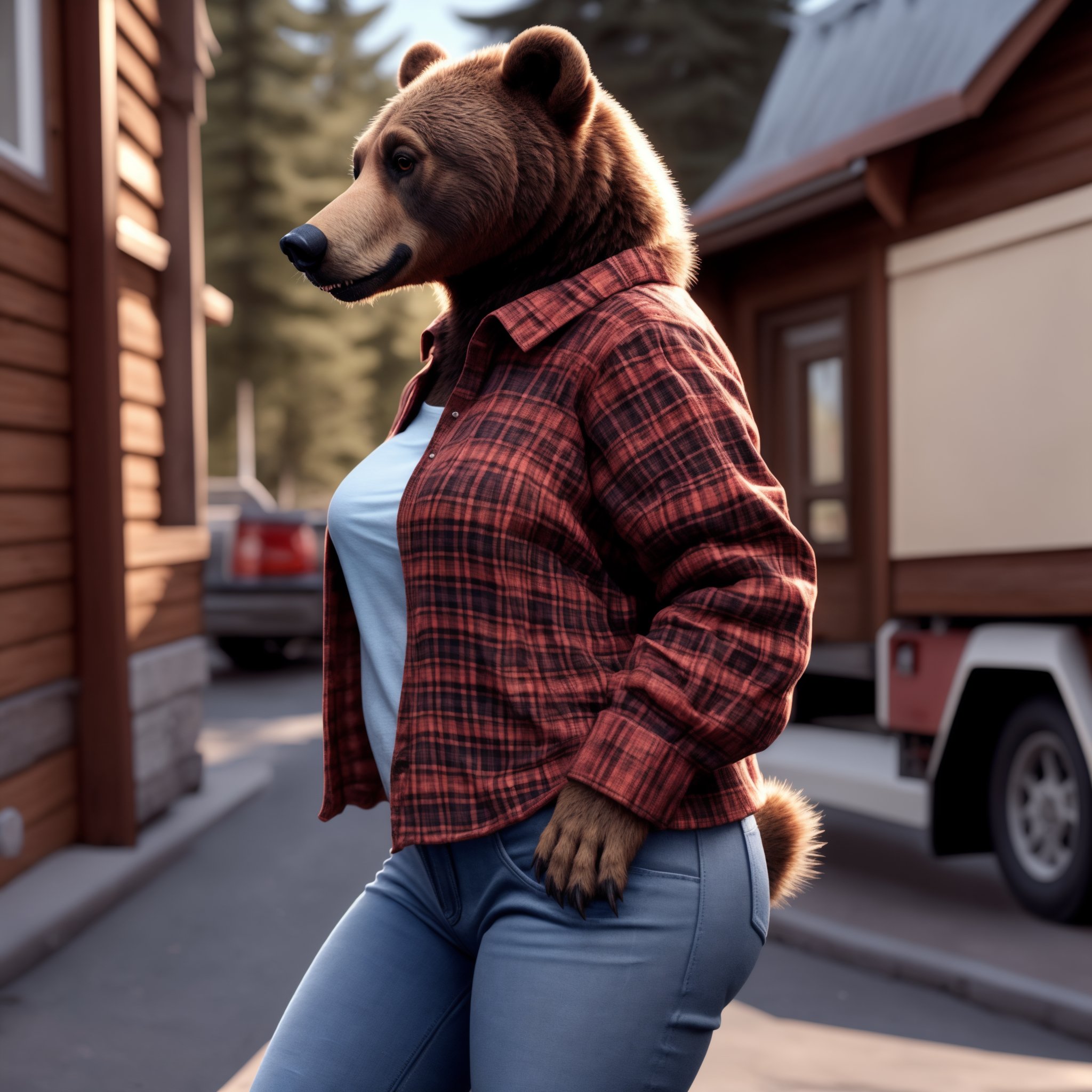 8k, HDR+, cute, adorable, attractive, middle_aged female grizzly bear, anthro, jeans, flannel, profile pic, hauling wood