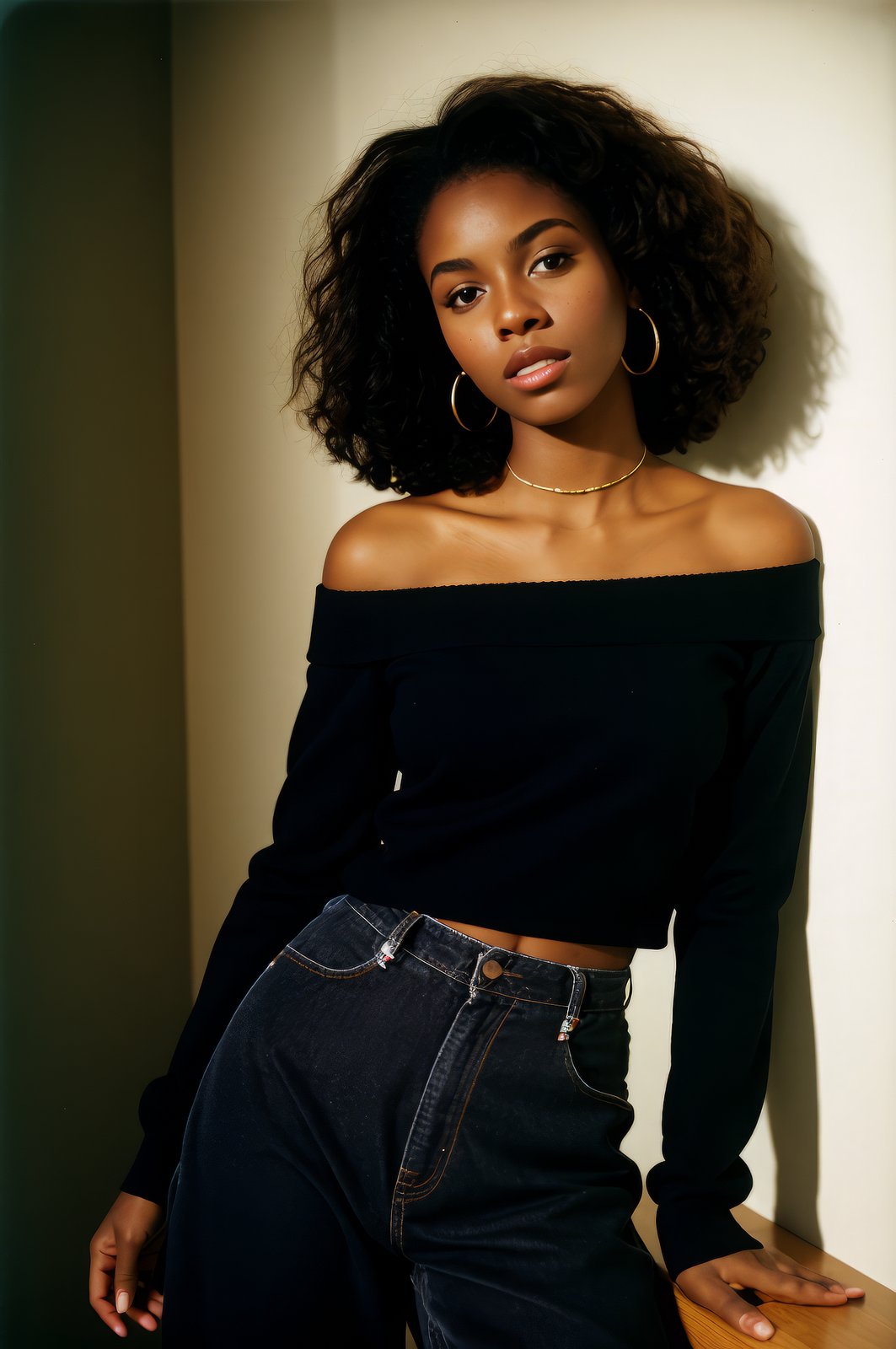 pinhole photography photo of a beautiful young black woman, wide-eyed, off-the-shoulder sweater with high-waisted corduroy pants, head shot, under bounced lighting, dutch angle, shot on a Velvia 100