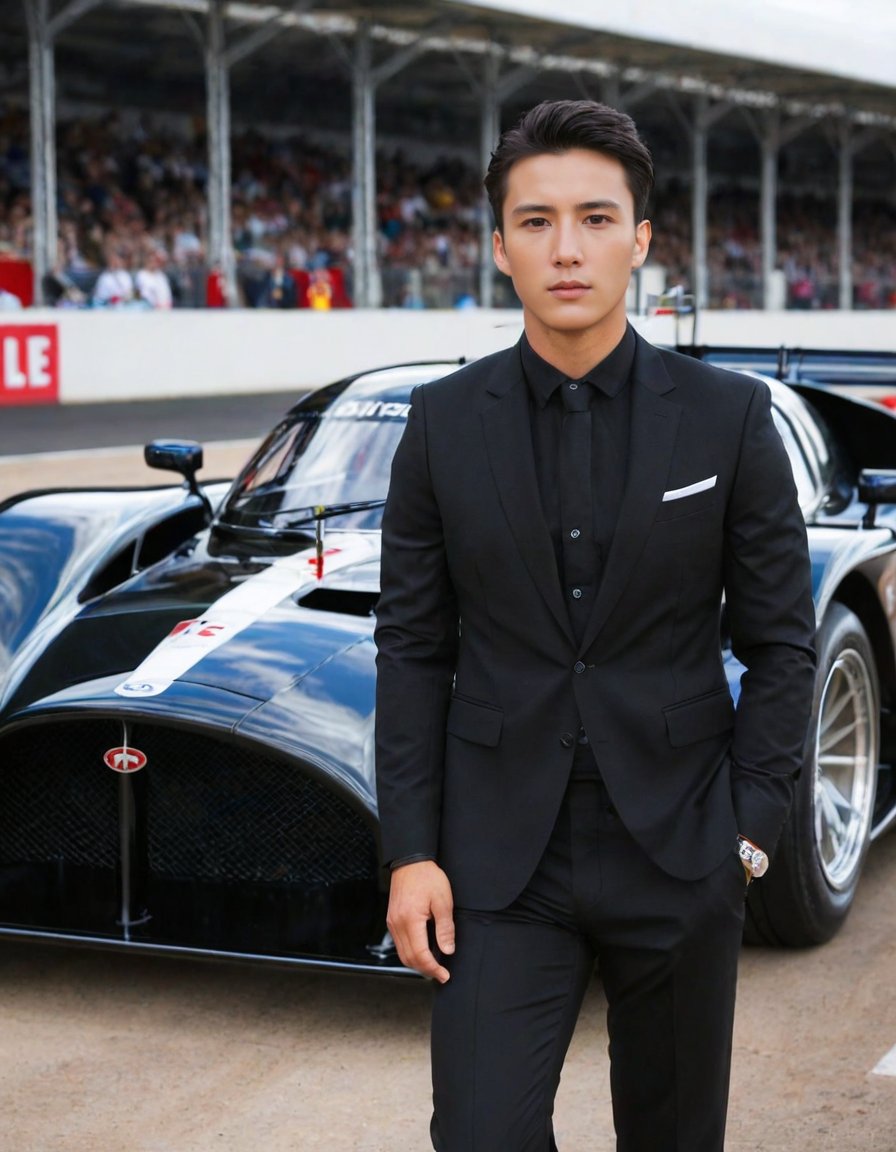 man, black suit, sport, car, racing car