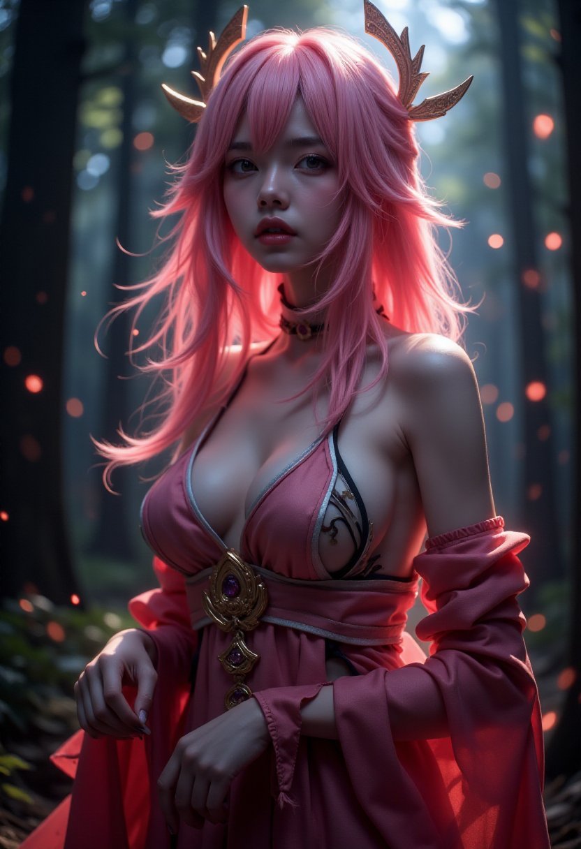 FluxYaeMiko, close-up of a beautiful breathtaking woman with pink hair in a dark misty forest, wearing thighhigh fishnets, and dress that shows her cleavage, fairytale setting with pale red sparklings around. (maximum ultra high definition image quality and rendering:3), maximum image detail, maximum realistic render, (((ultra realist style))), realist side lighting, , 8K high definition, realist soft lighting, (amazing special effect:3.5)   <lora:FluxYaeMiko:0.7>