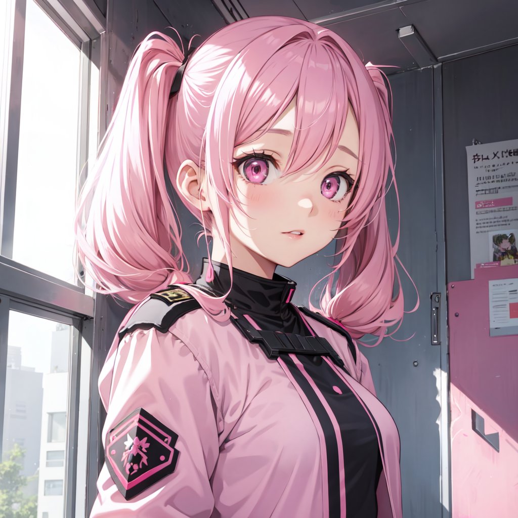 1girl, pink eyes, pink hair, twintails, pink military uniform, scenery, room