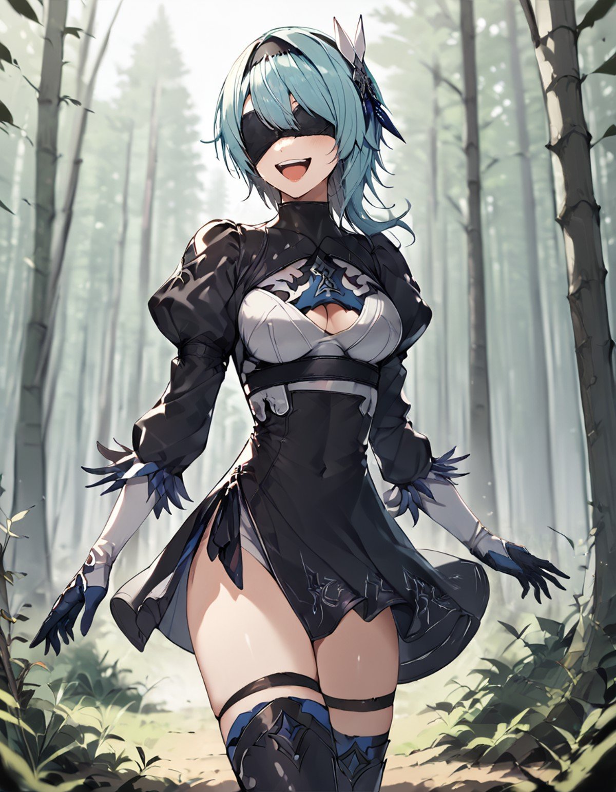 score_9, score_8_up, score_7_up, source_anime, eula wearing 2bn1er armor, blindfold,blue hair,happy,forest background <lora:2bnier:0.9>