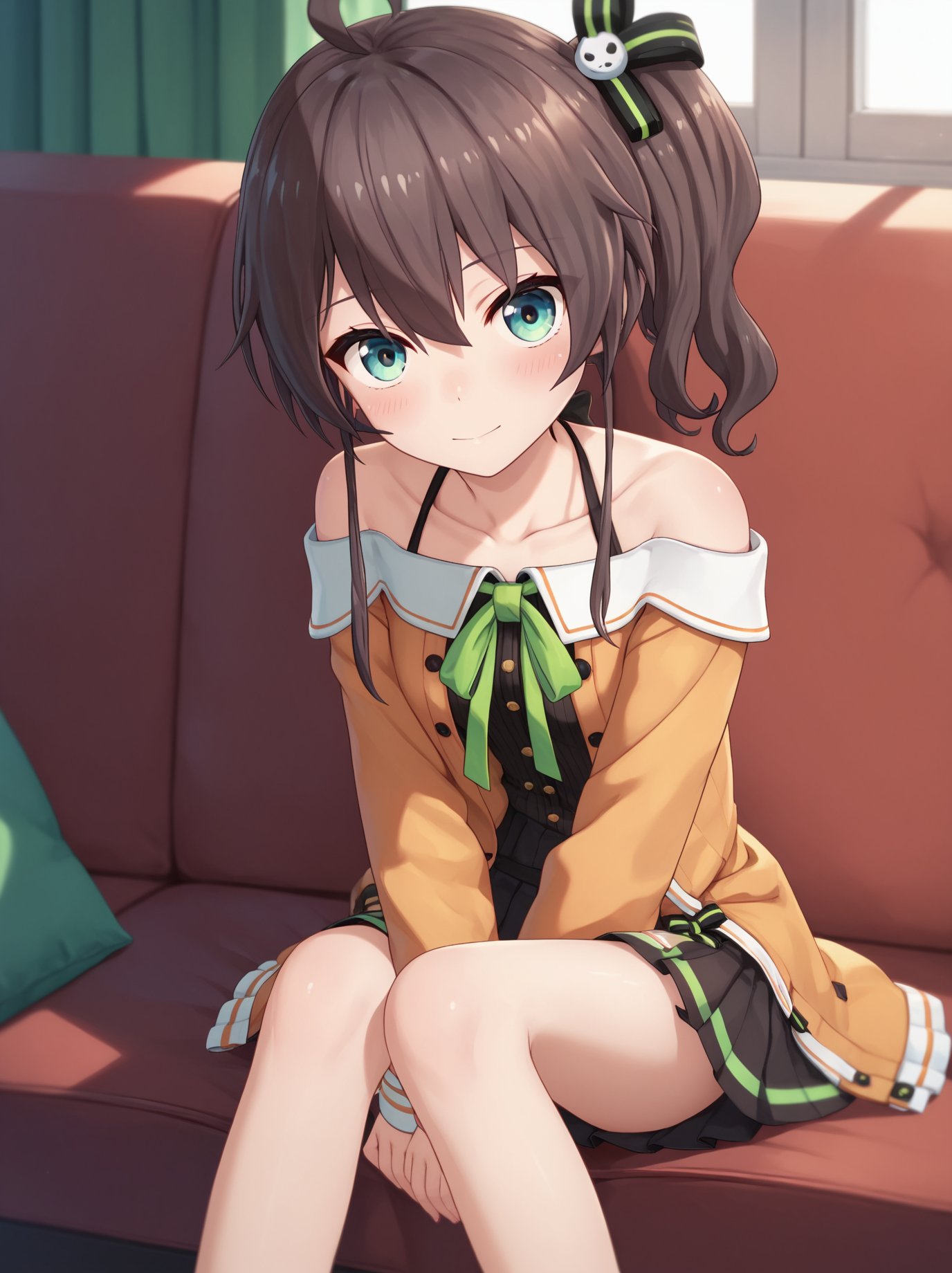 <lora:NatsuiroMatsuriPony:0.8>, namatsuri, 1girl, looking at viewer, sitting, hands between legs, score_9, score_8_up, score_7_up