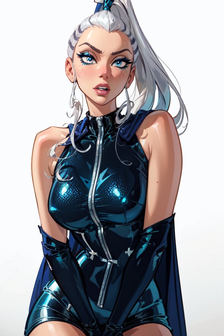 (Icy), blue eyes, white hair, ponytail, very long hair, eyeshadow, (WitchOutfit), sleeveless, blue bodysuit, knee boots, gloves, (long blue cape), (white background, solid white background:1.5), (realistic:1.2), (masterpiece:1.2), (full-body-shot:1),(Cowboy-shot:1.2), neon lighting, dark romantic lighting, (highly detailed:1.2),(detailed face:1.2), (gradients), colorful, detailed eyes, (detailed landscape:1.2), (natural lighting:1.2), close shot, solo, <lora:WinxClubIcy-10:0.9> <lora:add_detail:0.3> <lora:BeautifulEyes:0.6>