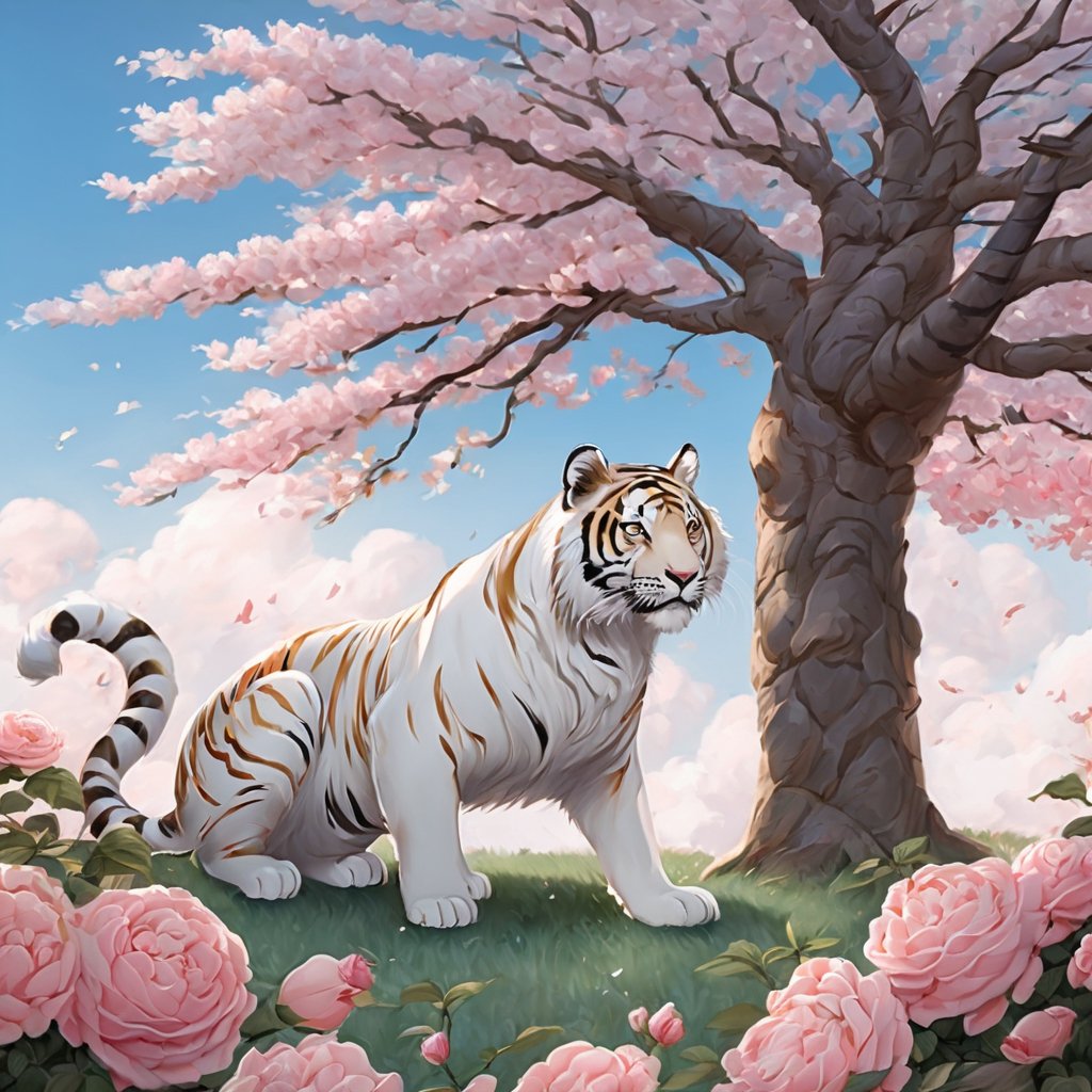 gufengstyle,masterpiece, Little tiger, Lovely, In the middle of the picture, Mid-range, Outdoor, Light blue sky, Clouds, Garden, Big tree, Pink roses, Collar, Furry, Twelve signs of the Chinese zodiac, textured skin, super detail, best quality<lora:gufengstyleSDXL-000016:1>