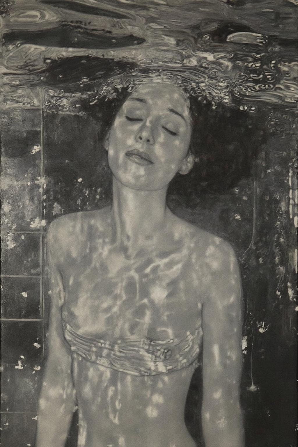 kl1mt painting. Closeup shot of a serene and artistic underwater scene featuring a woman partially submerged in water. She...