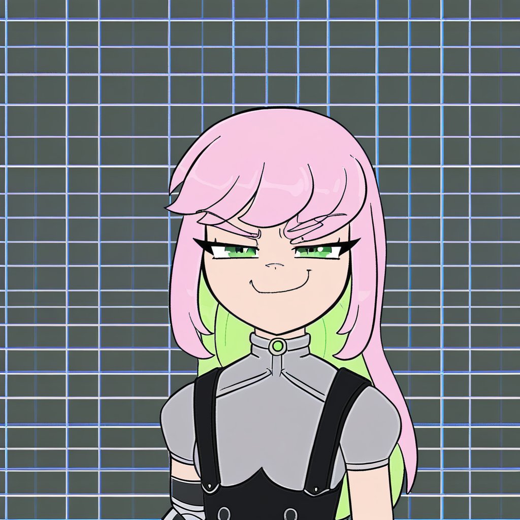 1girl, solo, EvelynClaythorne, Pink Hair, Green Eyes, mechanical arm,grey shirt, black overalls, suspenders, skirt, upper body, green lights, smug