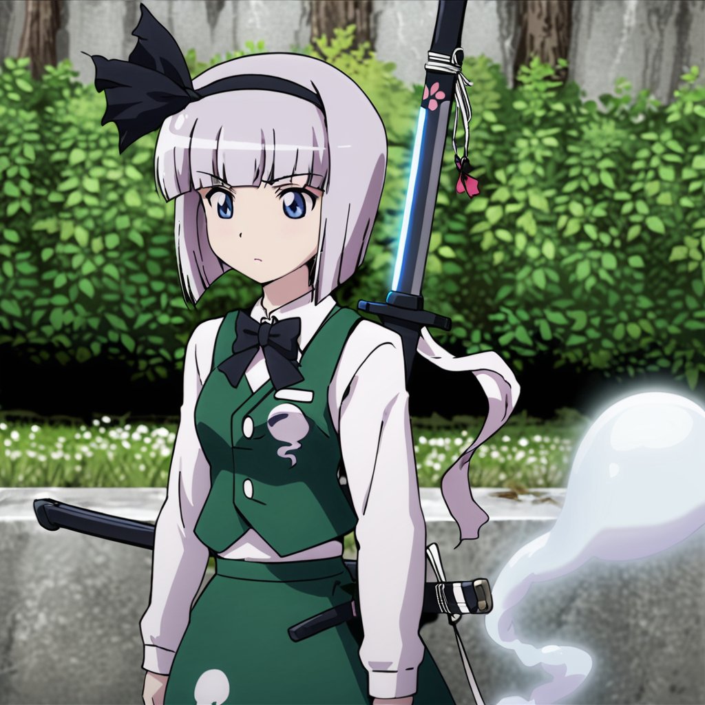 masterpiece, best quality, <lora:tgm-xl-a3.1:1>,1girl, konpaku youmu, solo, konpaku youmu (ghost), blue eyes, weapon, sword, short hair, grey hair, hairband, black hairband, hitodama, ghost, bow, katana, ribbon, vest, bowtie, bob cut, sheathed, sheath, parody, photo background