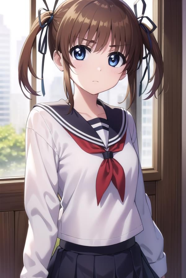 nanohatakamachi, <lora:nanoha takamachi movie2-lora-nochekaiser:1>,nanoha takamachi, takamachi nanoha, brown hair, twintails, blue eyes,BREAK long sleeves, ribbon, school uniform, serafuku, long sleeves, red ribbon, white sailor collar,BREAK indoors, classroom,BREAK looking at viewer, (cowboy shot:1.5),BREAK <lyco:GoodHands-beta2:1>, (masterpiece:1.2), best quality, high resolution, unity 8k wallpaper, (illustration:0.8), (beautiful detailed eyes:1.6), extremely detailed face, perfect lighting, extremely detailed CG, (perfect hands, perfect anatomy),